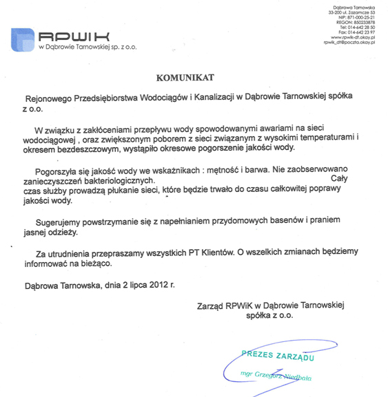 RPWIK 3 07 2012 Komunikat Rejonowego Przedsiębiorstwa Wodociągów i Kanalizacji w Dąbrowie Tarnowskiej spółka z o.o.