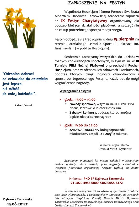 IXFCh Hospicjum 2012 Serdecznie zapraszamy na IX Festyn Charytatywny