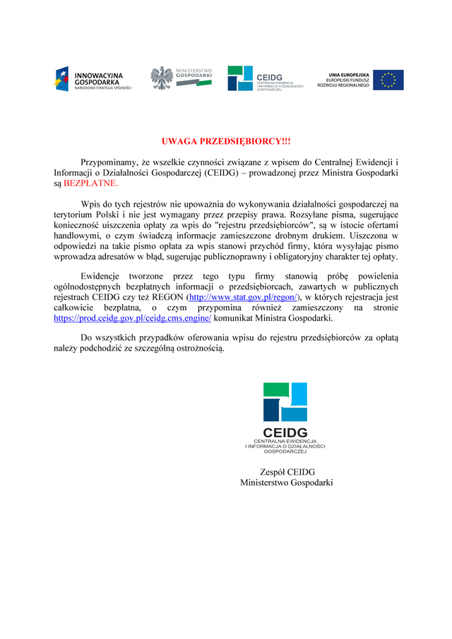 KOMUNIKAT CEIDG Uwaga przedsiębiorcy !   Komunikat CEIDG