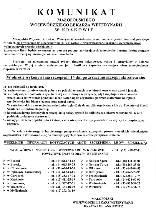 komunikat Mal Lek Wet 09 2012 1 Komunikat Wojewódzkiego Lekarza Weterynarii w sprawie szczepienia lisów