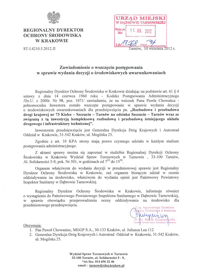 trasa 73 Co słychać w sprawie projektu modernizacji drogi krajowej nr 73 na odcinku Tarnów – Szczucin?