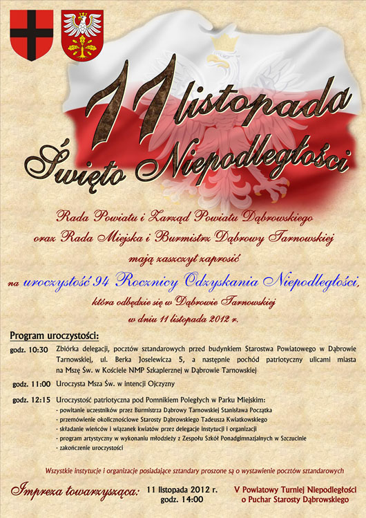 plakat 11 listopada 530 Zapraszamy na 94 Rocznicę Odzyskania Niepodległości