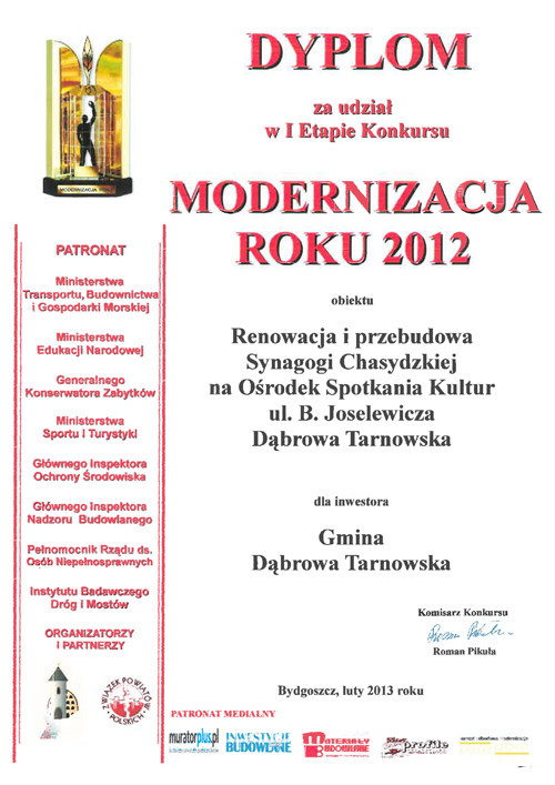 ModernizacjaRoku OSK 2013 Dyplom w konkursie „Modernizacja Roku 2012” dla Ośrodka Spotkania Kultur