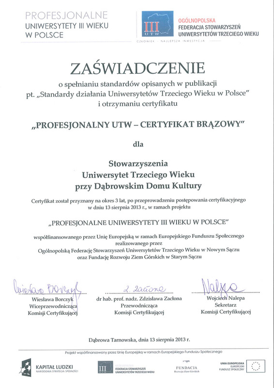 UTW0803 Dąbrowski Uniwersytet Trzeciego Wieku z brązowym certyfikatem 
