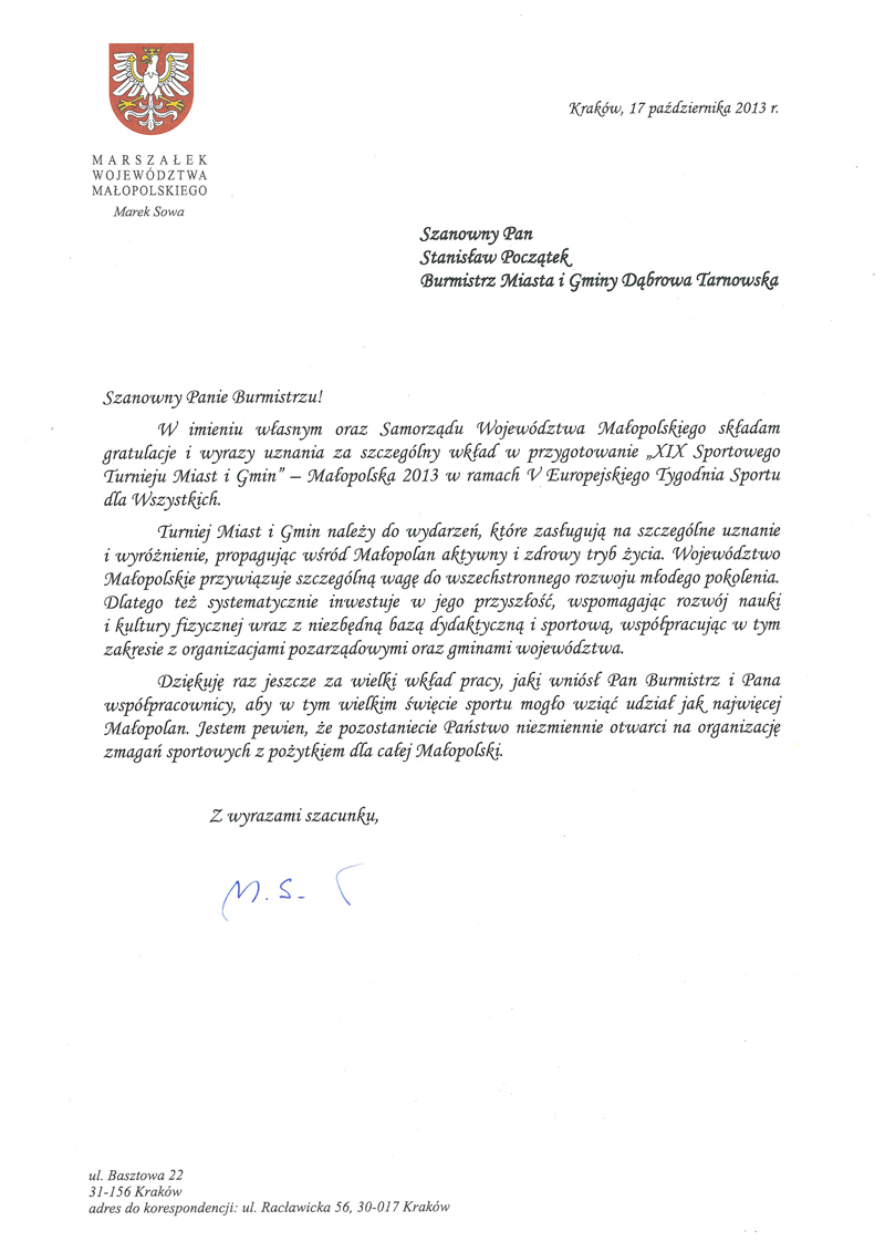 ListGratulacyjnyMarszalekGminaDT Dąbrowa Tarnowska doceniona przez Towarzystwo Krzewienia Kultury Fizycznej