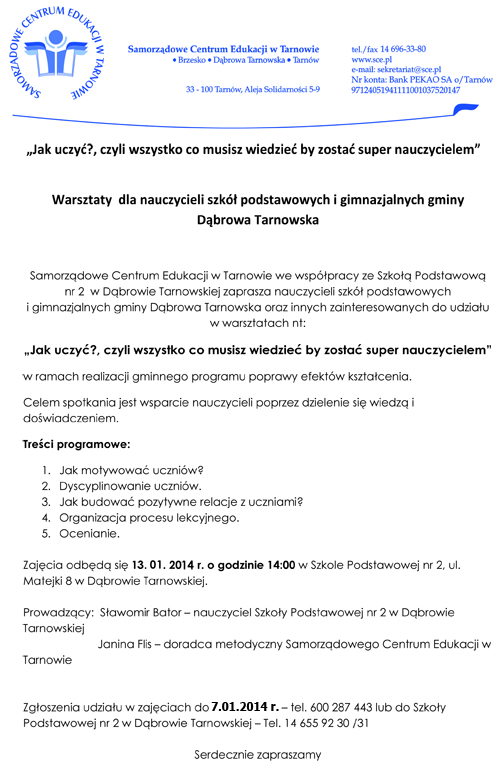 SCE Samorządowe Centrum Edukacji w Tarnowie zaprasza na warsztaty dla nauczycieli szkół podstawowych i gimnazjalnych gminy Dąbrowa Tarnowska