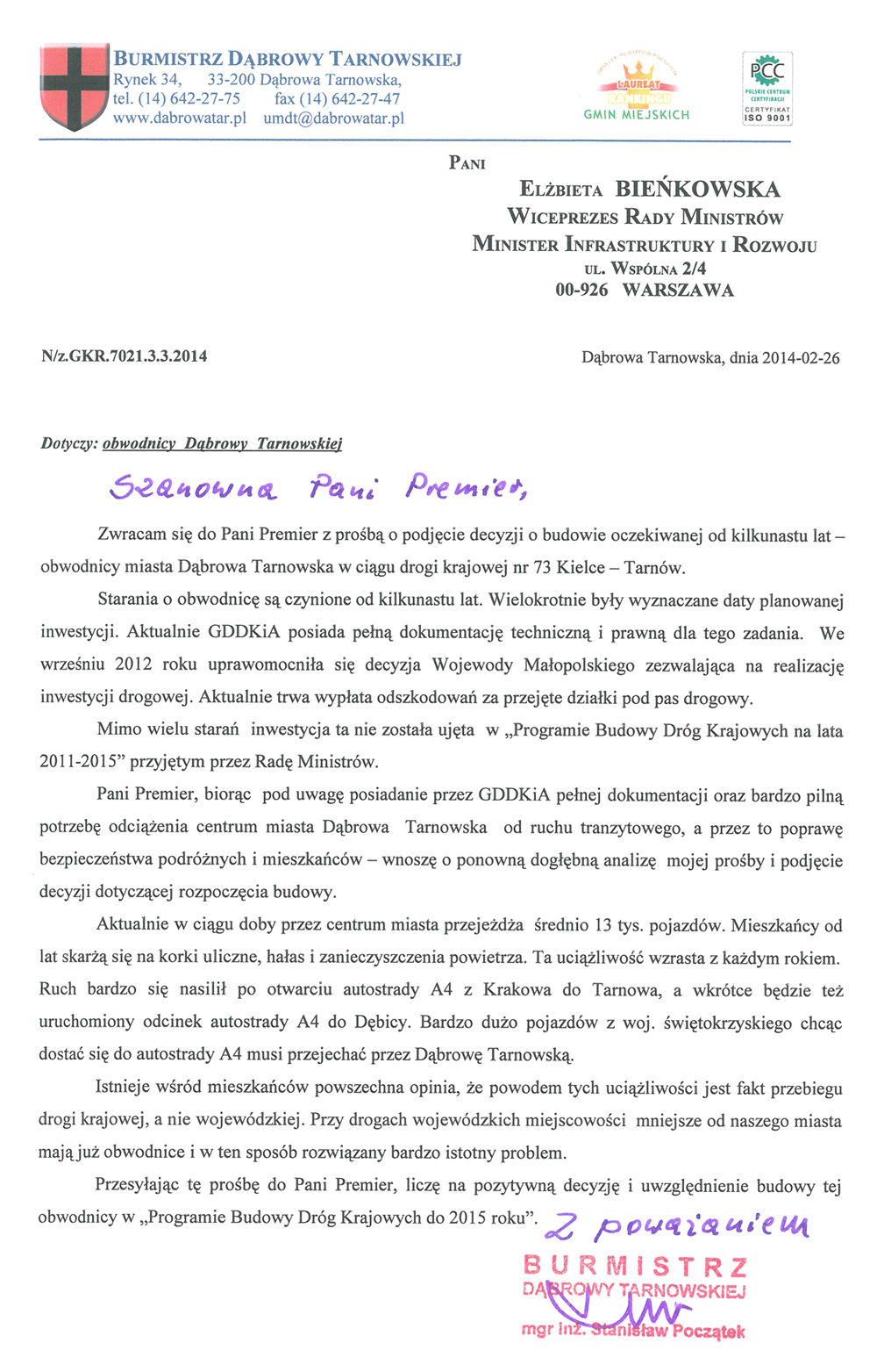 ListBurmistrzaDTdoWicepremier Samorządowcy u Wicepremier Elżbiety Bieńkowskiej z petycją o budowę obwodnicy