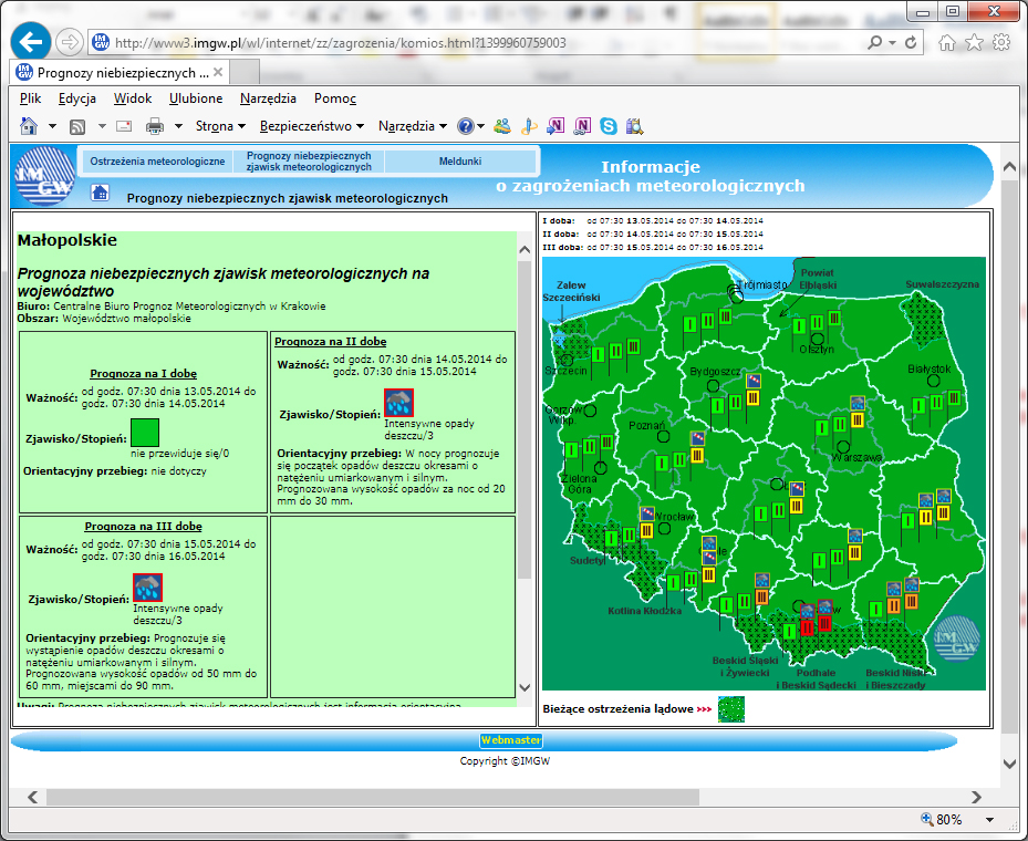IMGW <cent /><b><font color=red>UWAGA ! Od środy przewidywane są ulewy. <br>Mogą wzbierać rzeki i potoki</font></b></center>
