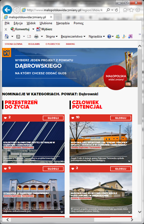 Malopolska widac zmiany 2014 www1 Głosuj na dąbrowskie obiekty w plebiscycie Małopolska. Widać zmiany
