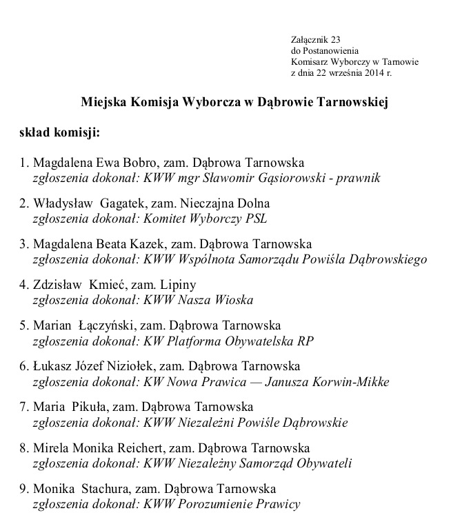 gmina dabrowa tarnowska-001 gmina dabrowa tarnowska 001 Postanowienie Komisarza Wyborczego w sprawie powołania terytorialnych komisji wyborczych