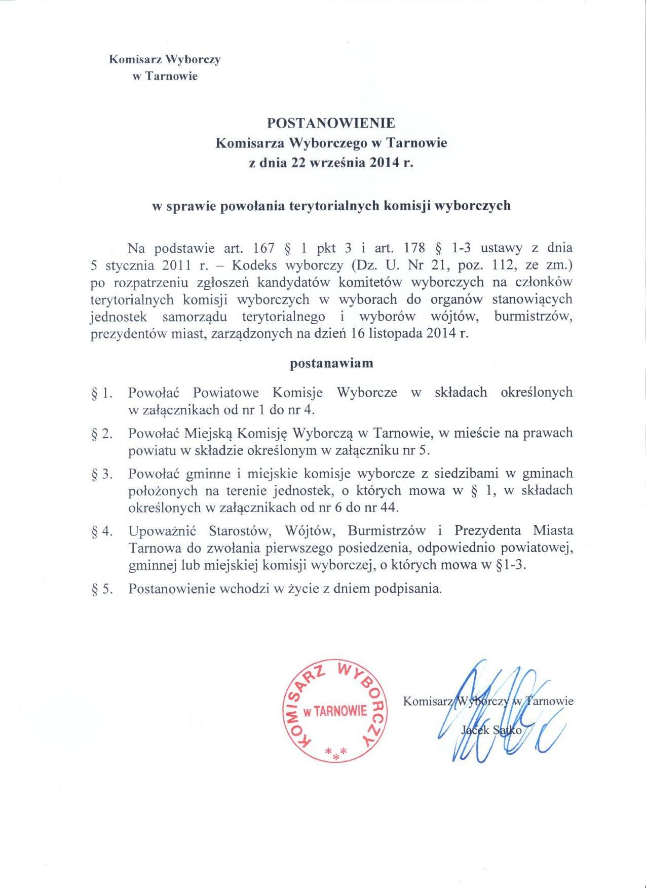 postanowienie - pow TKW postanowienie pow TKW Postanowienie Komisarza Wyborczego w sprawie powołania terytorialnych komisji wyborczych