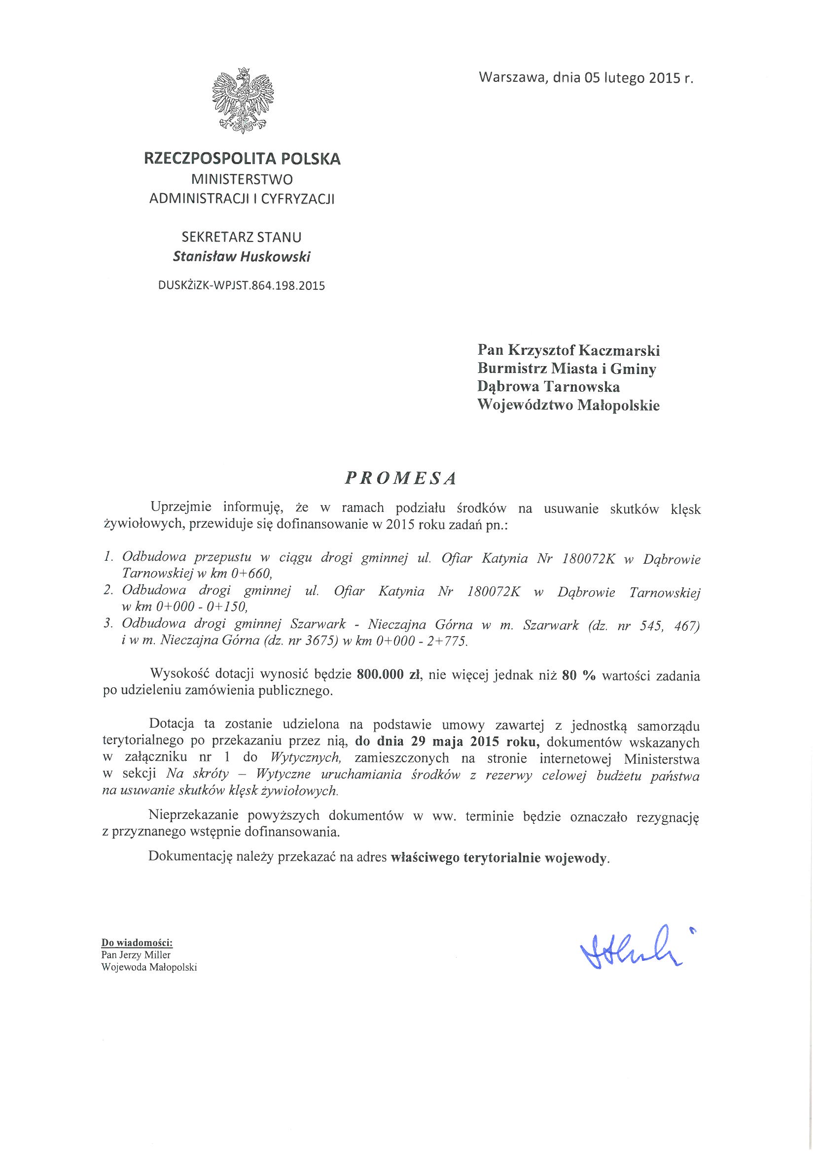 Promesa DT 2015 Promesa dla Gminy Dąbrowa Tarnowska na usuwanie skutków klęsk żywiołowych