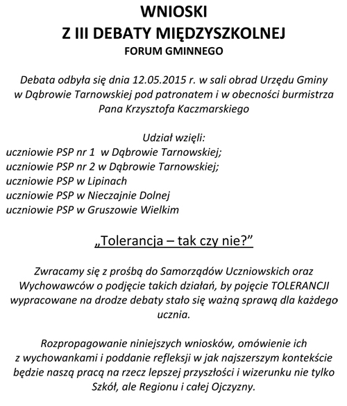 III Debata Miedzyszkolna O tolerancji 12 05 2015 wnioski O tolerancji w Urzędzie Miejskim