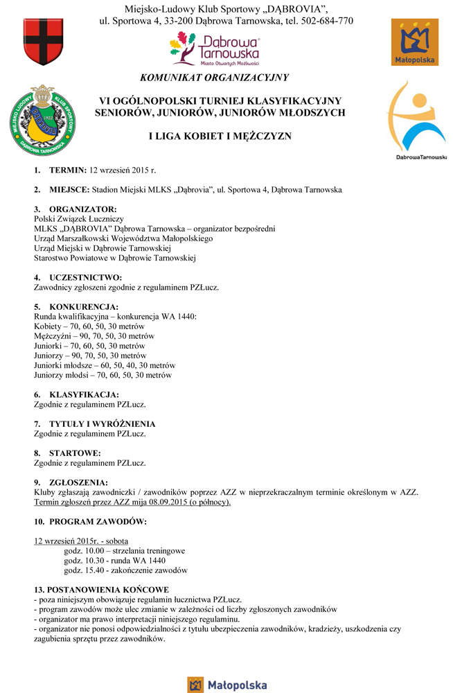 Komunikat VI OTK DT 2015 Łucznicza sobota w Dąbrowie Tarnowskiej