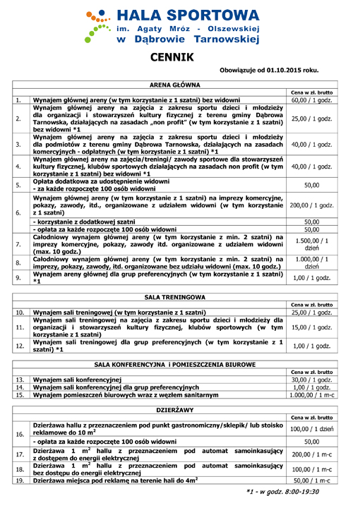 cennik Hali Sportowej im Agaty Mroz Olszewskiej od 1 10 2015 small Informacje organizacyjne związane z funkcjonowaniem Hali Sportowej im. Agaty   Mróz Olszewskiej w sezonie zimowym 2015/2016
