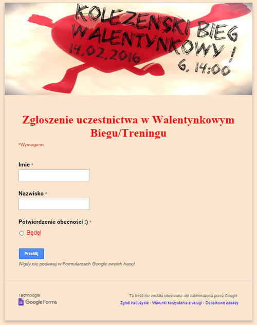 Bieg walentynkowy 2016 ZAPISY Zapraszamy na Koleżeński Bieg Walentynkowy
