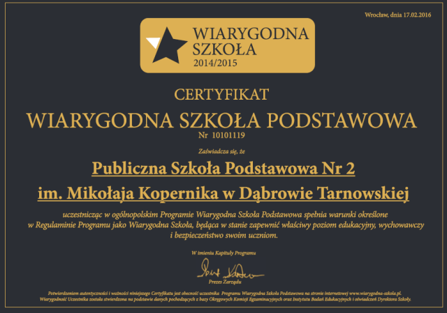 certyfikat PSP2 Dąbrowska Dwójka z certyfikatem Wiarygodnej szkoły
