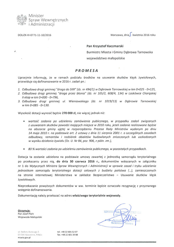 Promesa MUW 04 2016 Promesa na odbudowę dróg gminnych zniszczonych w wyniku klęsk żywiołowych