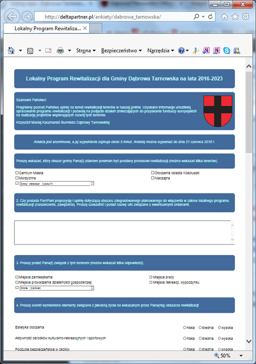 Ankieta rewitalizacjaDT Prosimy o wypełnienie ankiety   dotyczącej Lokalnego Programu Rewitalizacji Gminy