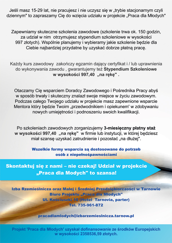 IzbaRzemieslnicza ulotkaA5 str2www Nabór do projektu „Praca dla Młodych”