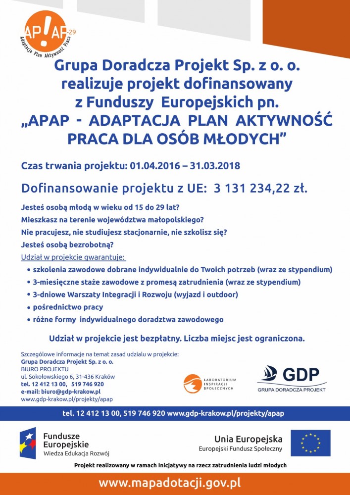 plakat apap APAP dla Młodych ! czyli Adaptacja Plan Aktywność Praca dla osób młodych