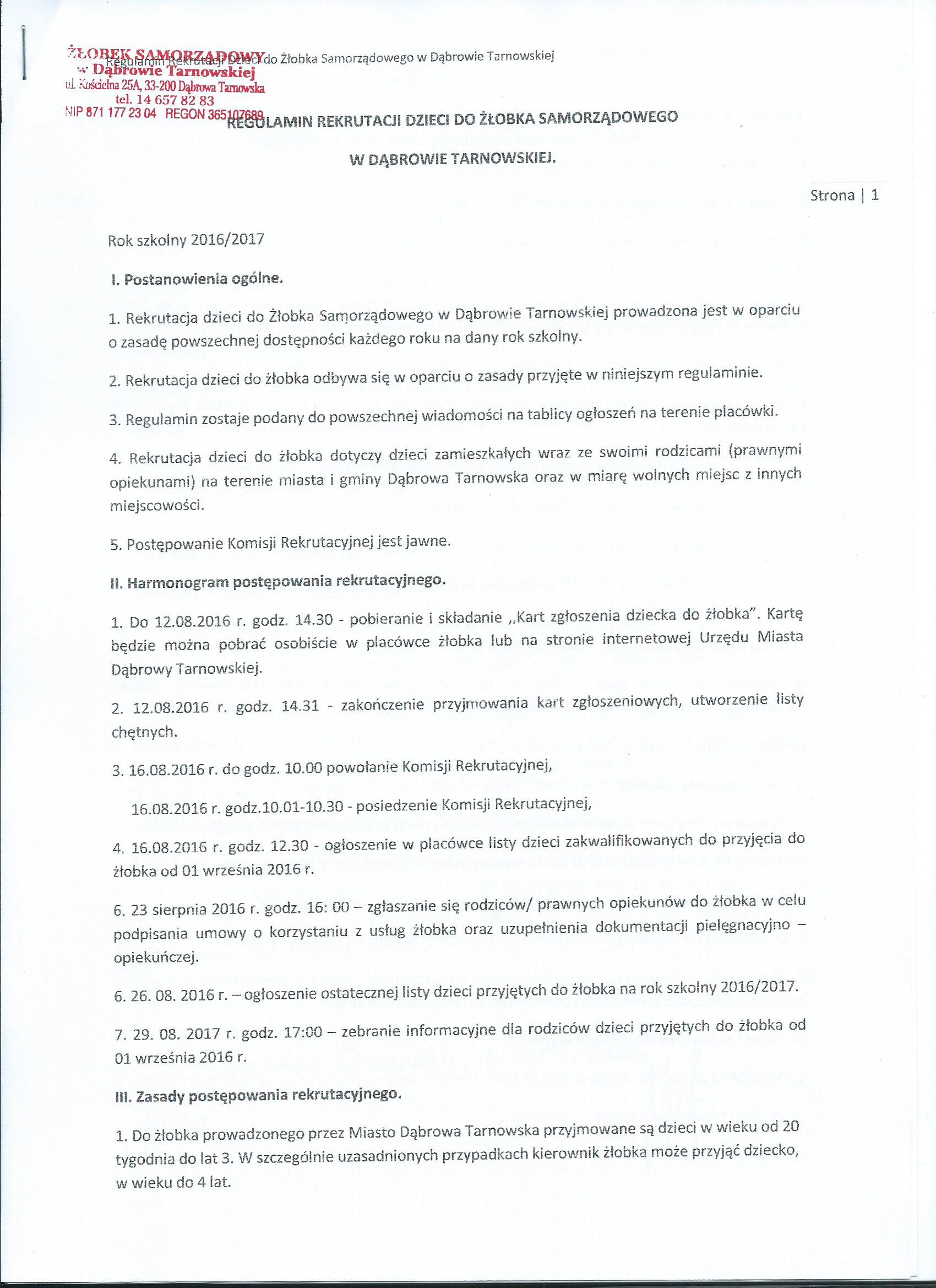 Regulamin1 Wyniki rekrutacji dzieci do Żłobka Samorządowego w Dąbrowie Tarnowskiej