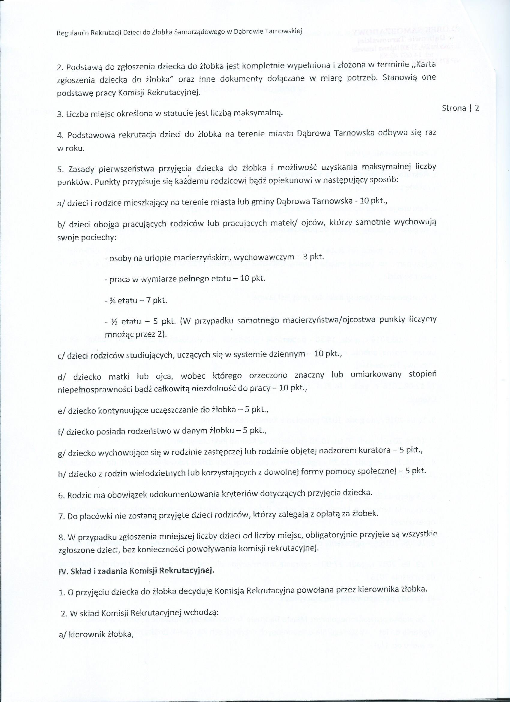 Regulamin2 Wyniki rekrutacji dzieci do Żłobka Samorządowego w Dąbrowie Tarnowskiej