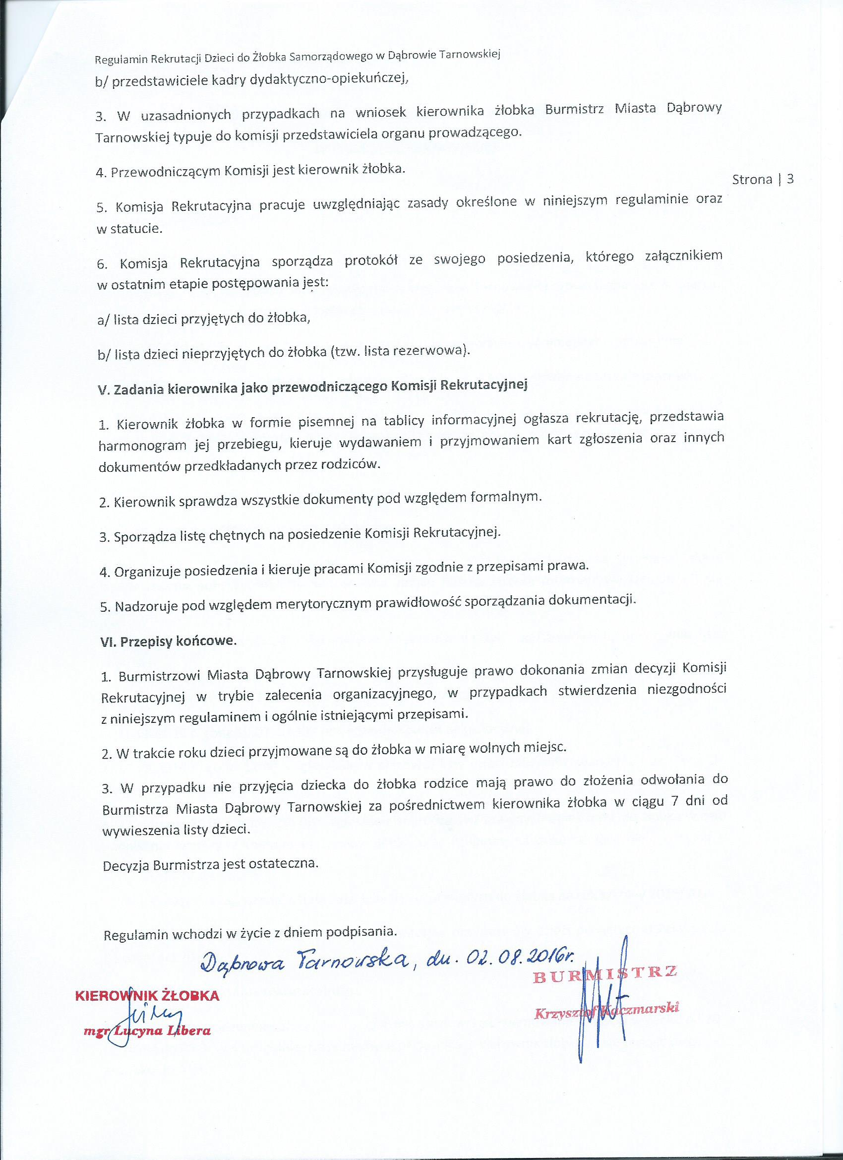 Regulamin3 Wyniki rekrutacji dzieci do Żłobka Samorządowego w Dąbrowie Tarnowskiej