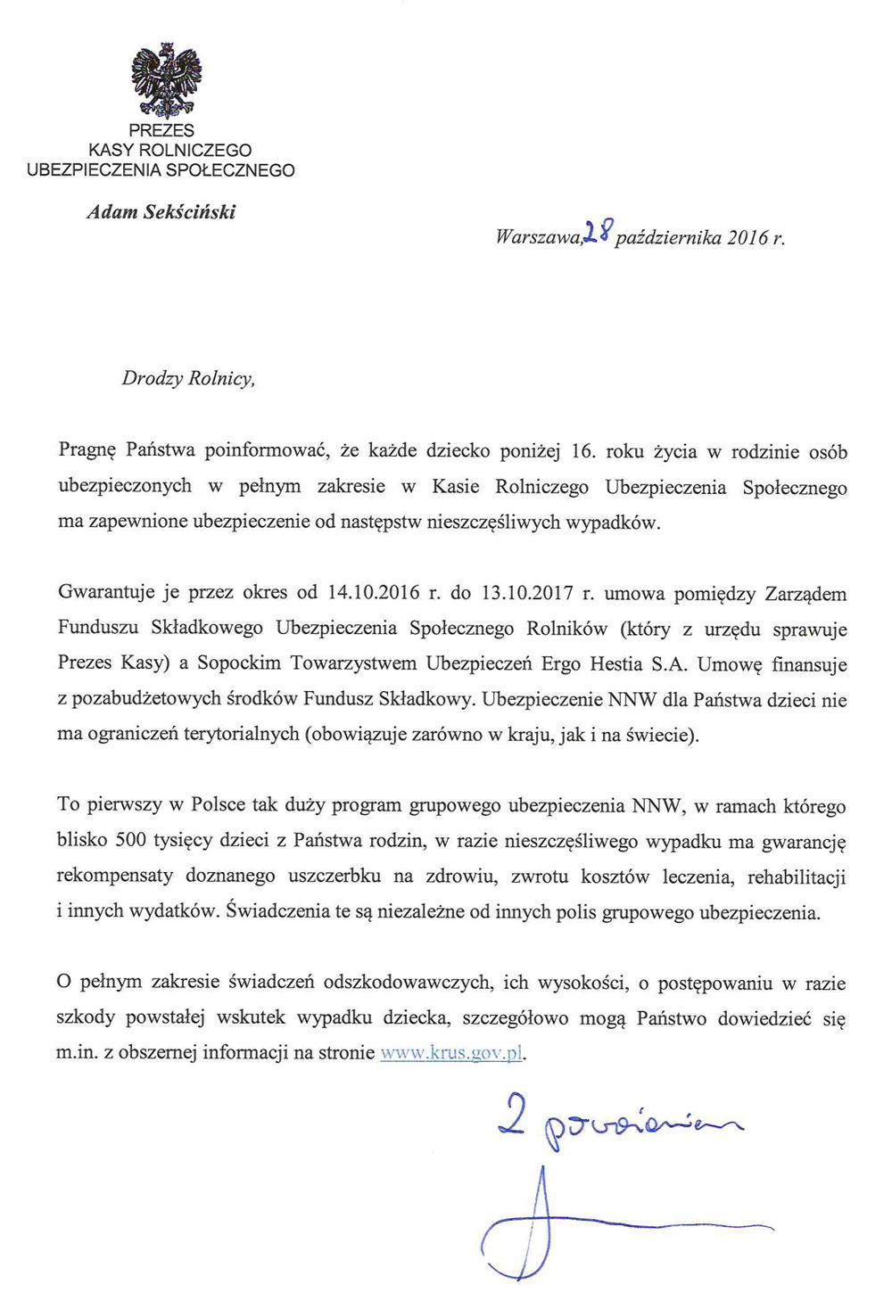 ListPrezesaKRUS Prezes KRUS informuje o umowie ubezpieczenia NW dzieci rolników