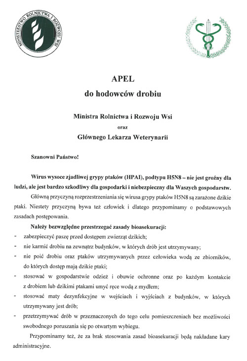 Apel WET HPAI Apel i informacje Powiatowego Lekarza Weterynarii w Dąbrowie Tarnowskiej dotyczące HPAI