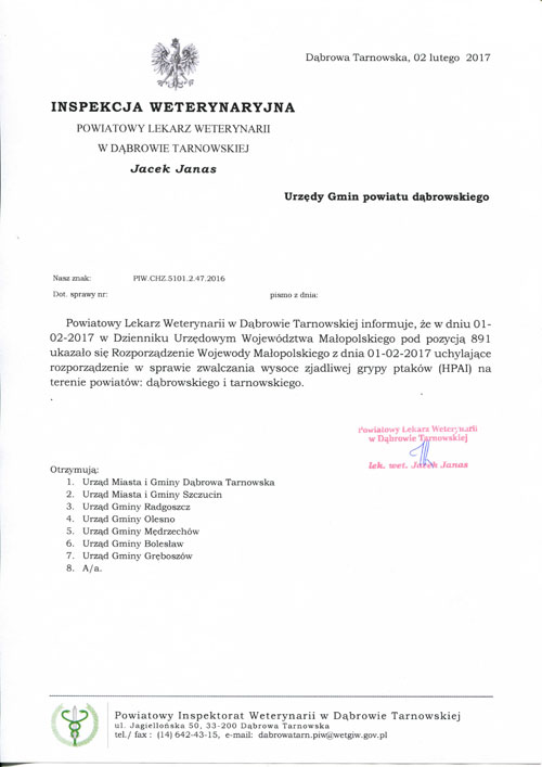 PIW CHZ 5101 2 47 2016 Informacja dotycząca uchylenia rozporządzenia w sprawie zwalczania ptasiej grypy (HPAI)