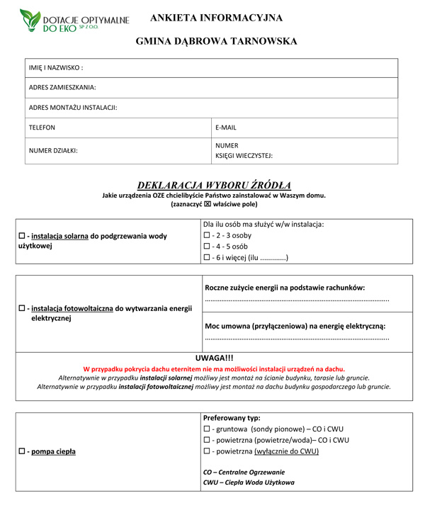 Ankieta Gmina Odnawialne Źródła Energii w Gminie Dąbrowa Tarnowska