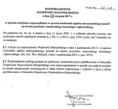 Rozp uchyl Zgnil Amer Pszcz 2017 Wojewoda Małopolski uchylił rozporządzenie w sprawie zwalczania zgnilca amerykańskiego pszczół!