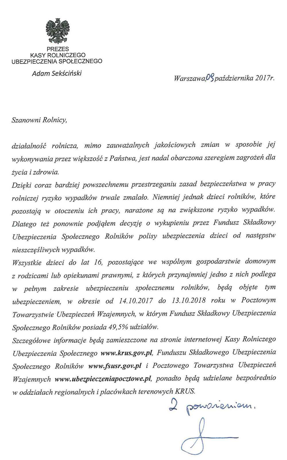 Lis Prezesa KRUS 9 10 2017 Ubezpieczenie następstw nieszczęśliwych wypadków i chorób dzieci osób objętych społecznym ubezpieczeniem rolników w pełnym zakresie