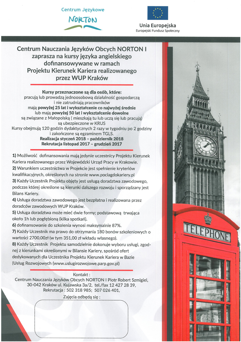 Norton 2017 Dofinansowane kursy języka angielskiego z Centrum Nauczania Języków Obcych Norton I