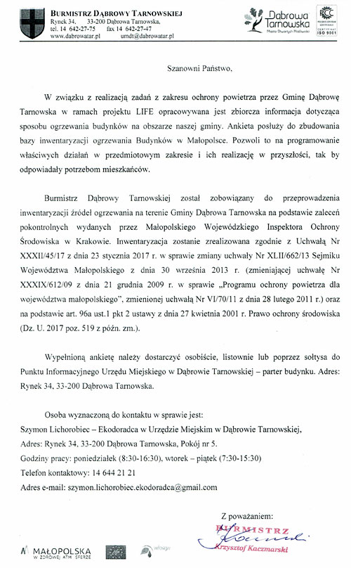 pismo przewodnie Baza Inwentaryzacji ogrzewania budynków w Małopolsce