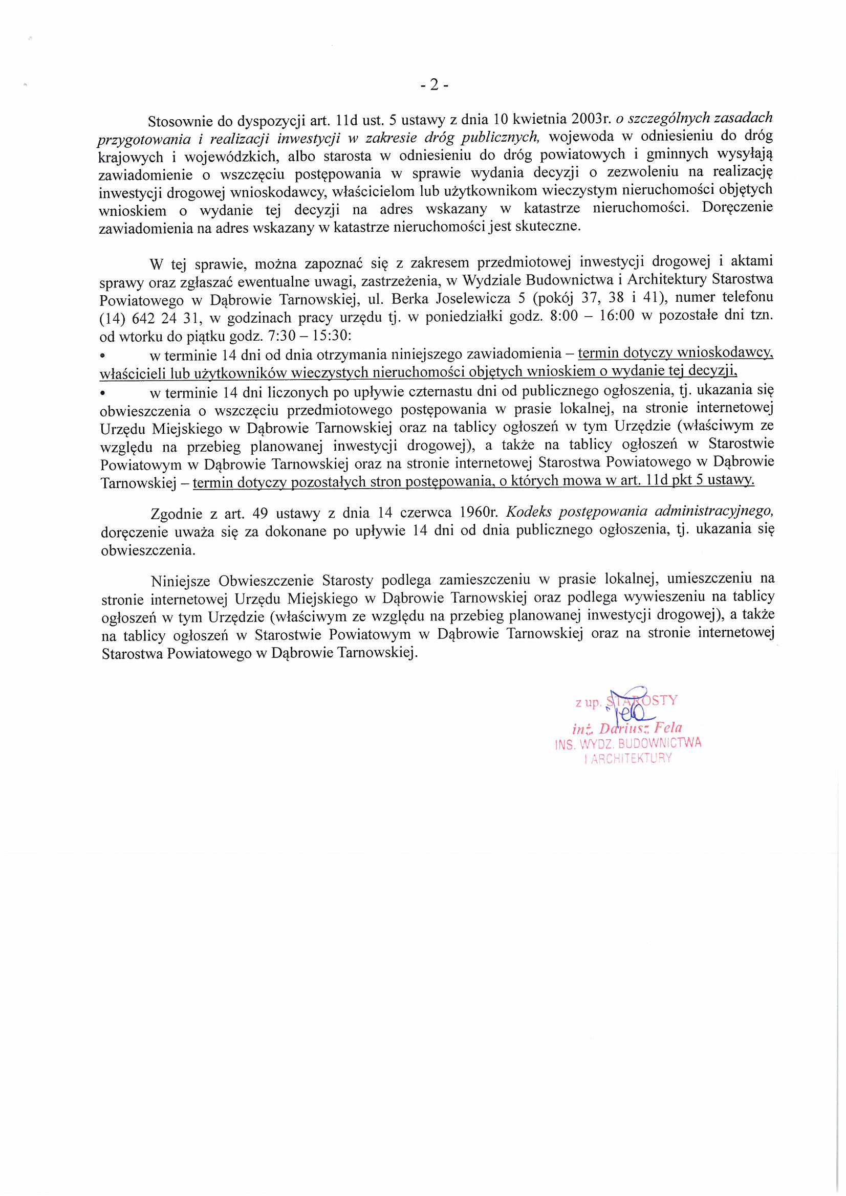 S28C 618031309290 0002 Obwieszczenie Starosty Dąbrowskiego