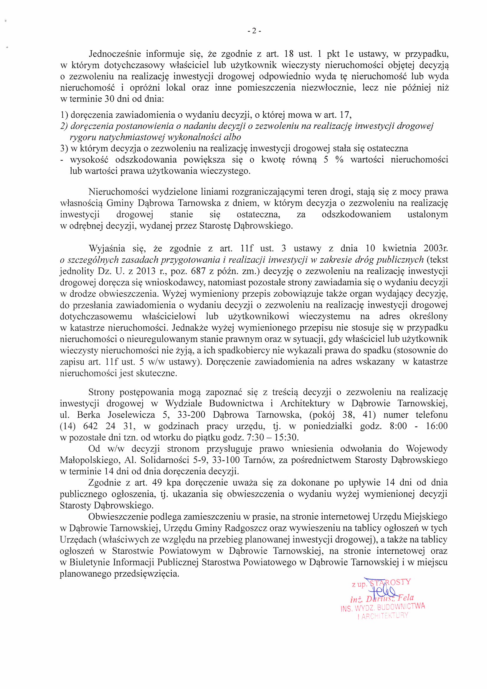 S28C 618041610040 0002 Obwieszczenie Starosty Dąbrowskiego