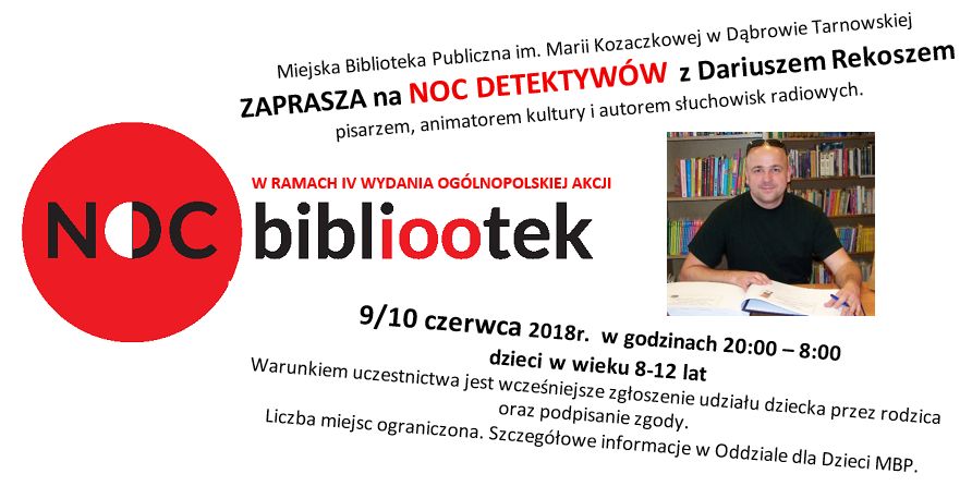 zaproszenie Noc Detektywów w Miejskiej Bibliotece Publicznej w Dąbrowie Tarnowskiej