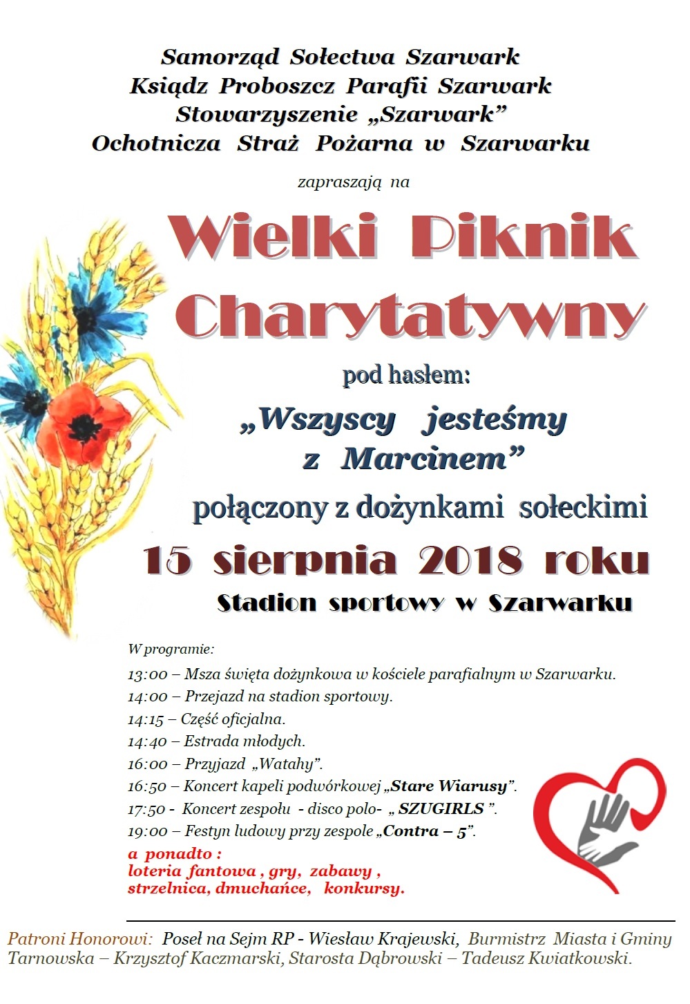 plakat 21 Zaproszenie na Festyn Charytatywny w Szarwarku „Wszyscy jesteśmy z Marcinem”