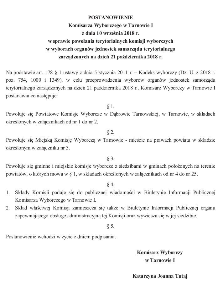 Postanowienie komisarza o TKW 20180910 1705 KOM11 Postanowienie Komisarza Wyborczego w sprawie powołania terytorialnych komisji wyborczych