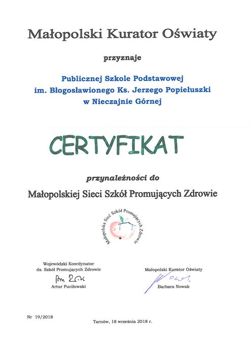 SKMBT C35318100309130 Certyfikat Małopolskiego Kuratora Oświaty dla Publicznej Szkoły Podstawowej w Nieczajnie Górnej
