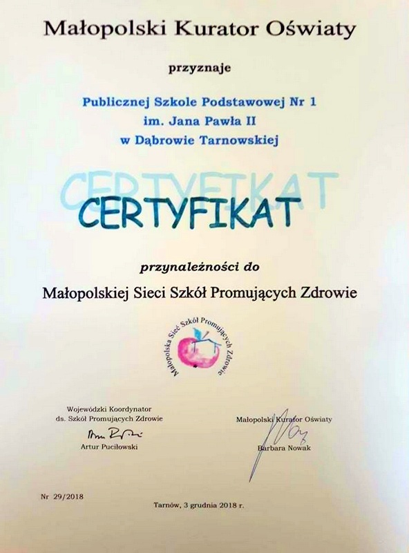 certyfikatPSPnr1 Certyfikat „Szkoły Promującej Zdrowie” dla Publicznej Szkoły Podstawowej nr 1