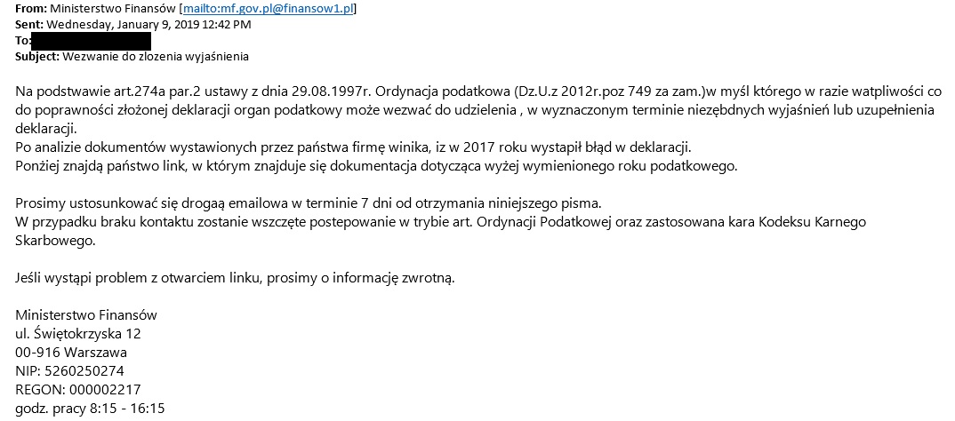 20190109 komunikat Uwaga na fałszywe e maile nt. poprawności złożonych deklaracji