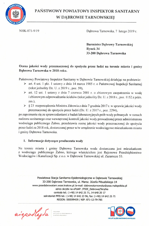 PSSEDT NHK 071 9 19 Ocena jakości wody przeznaczonej do spożycia przez ludzi na terenie miasta і gminy Dąbrowa Tarnowska w 2018 roku.