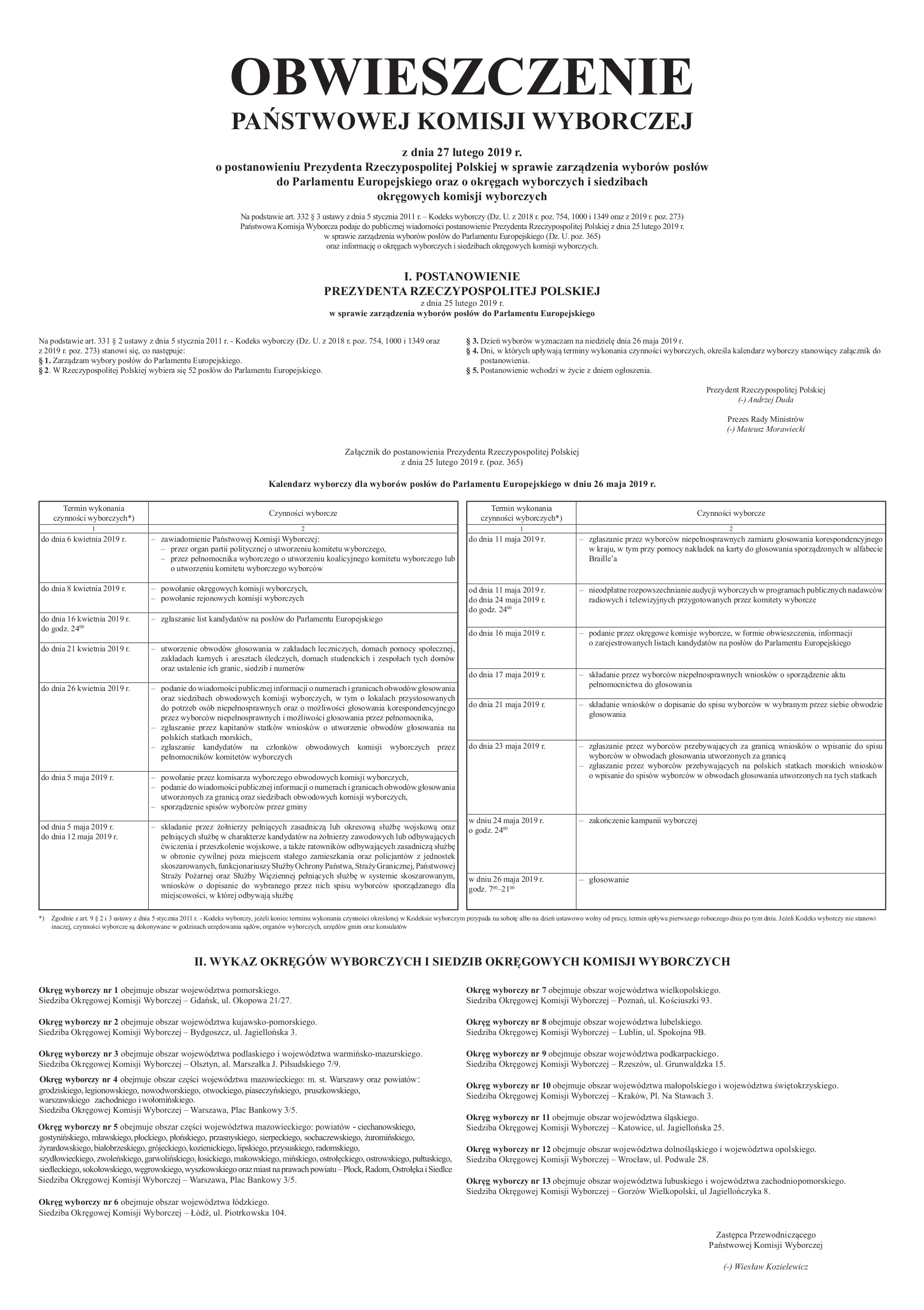 Obwieszczenie wybory do europarlamentu 2019pop Obwieszczenie PKW o postanowieniu Prezydenta Rzeczypospolitej Polskiej w sprawie zarządzenia wyborów posłów do Parlamentu Europejskiego