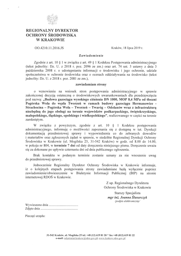 Zawiadomienie 18 lipca 2019 2 Zawiadomienie Regionalnego Dyrektora Ochrony Środowiska w Krakowie