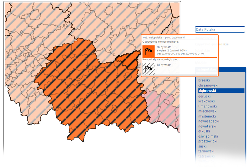 pogoda 9 10 02 2020 Ostrzeżenie II stopnia o silnym wietrze