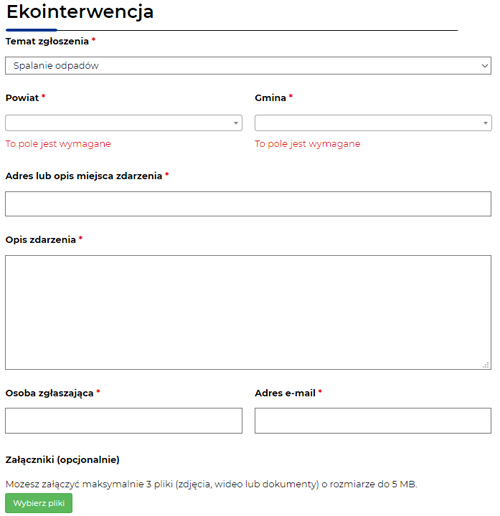 Ekoniterwencja eFormularz ekointerwencji w zakresie naruszenia przepisów ochrony środowiska
