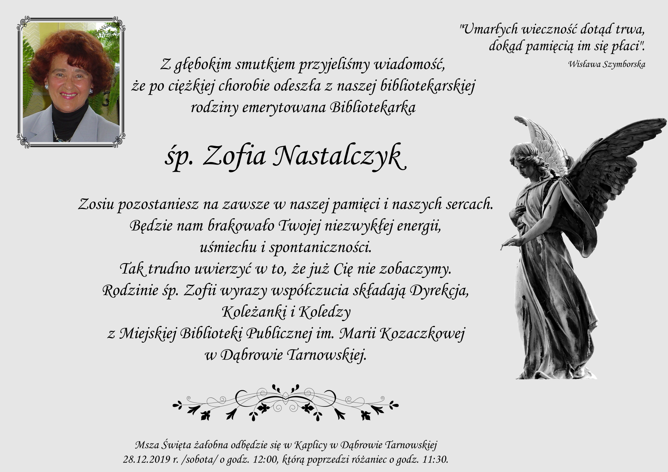 Nekrolog <font color=gr />Zmarła Zofia Nastalczyk   emerytowany pracownik Miejskiej Biblioteki Publicznej w Dąbrowie Tarnowskiej</font>